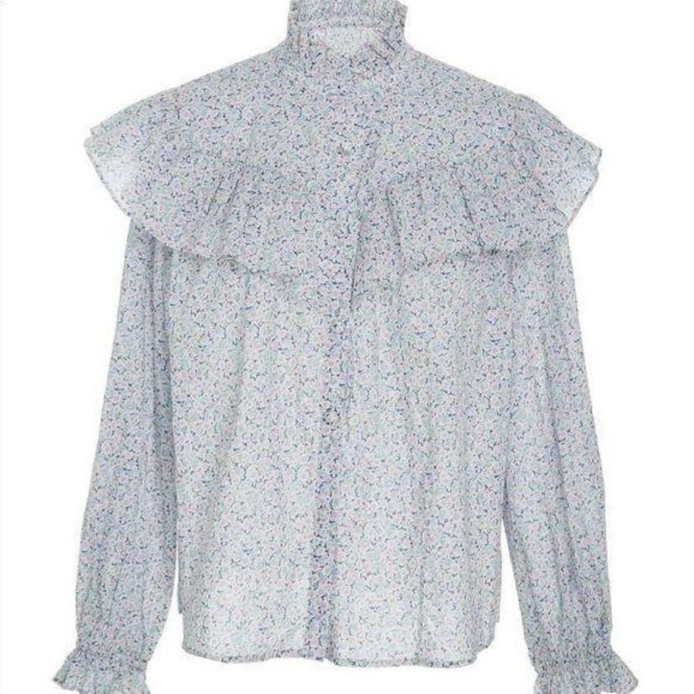 LoveShackFancy Floral Ruffle Blouse - White and Blue